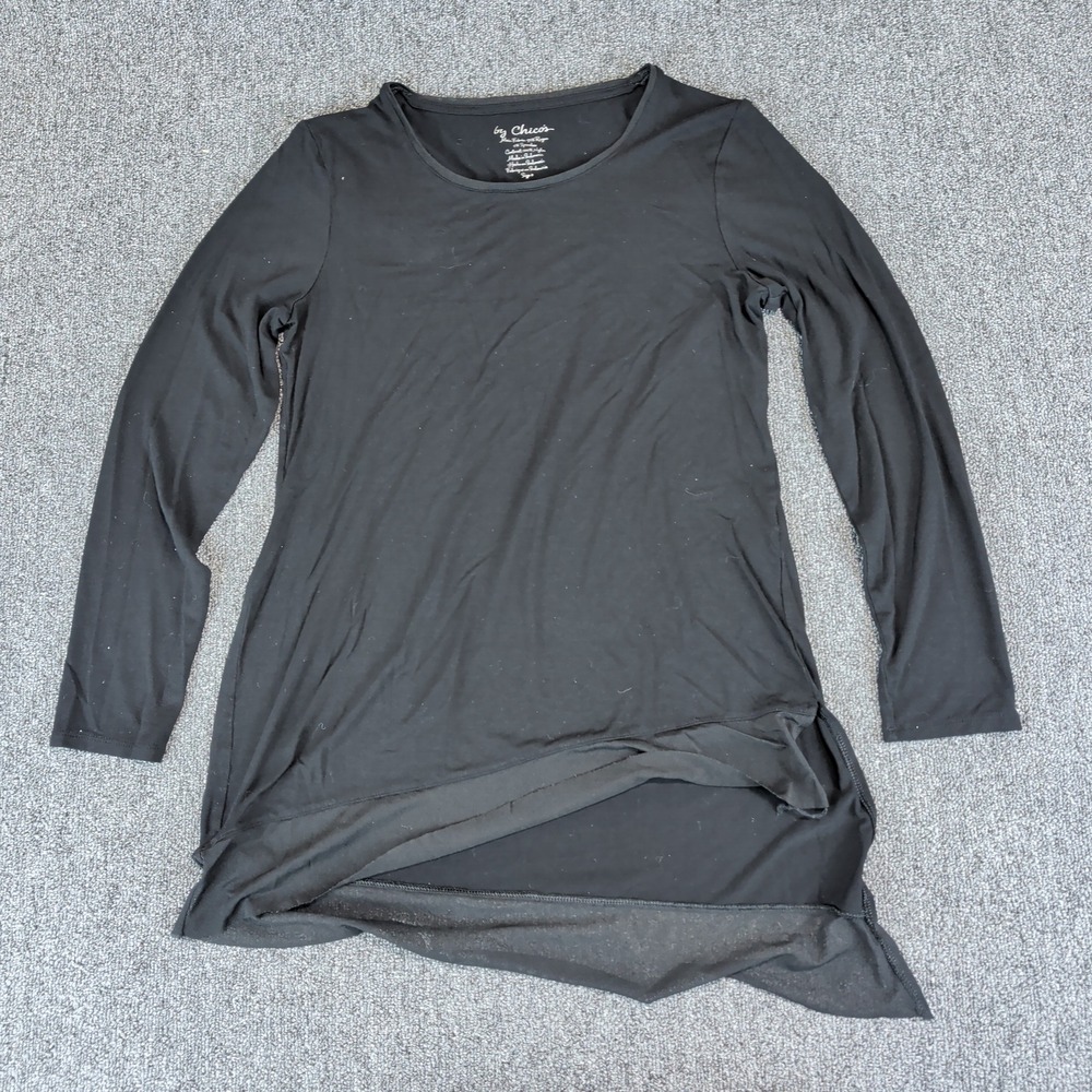 Chicos Modern Asymmetric Layered Hem Tunic Women Size‎ 0 Black Rayon Spandex Top